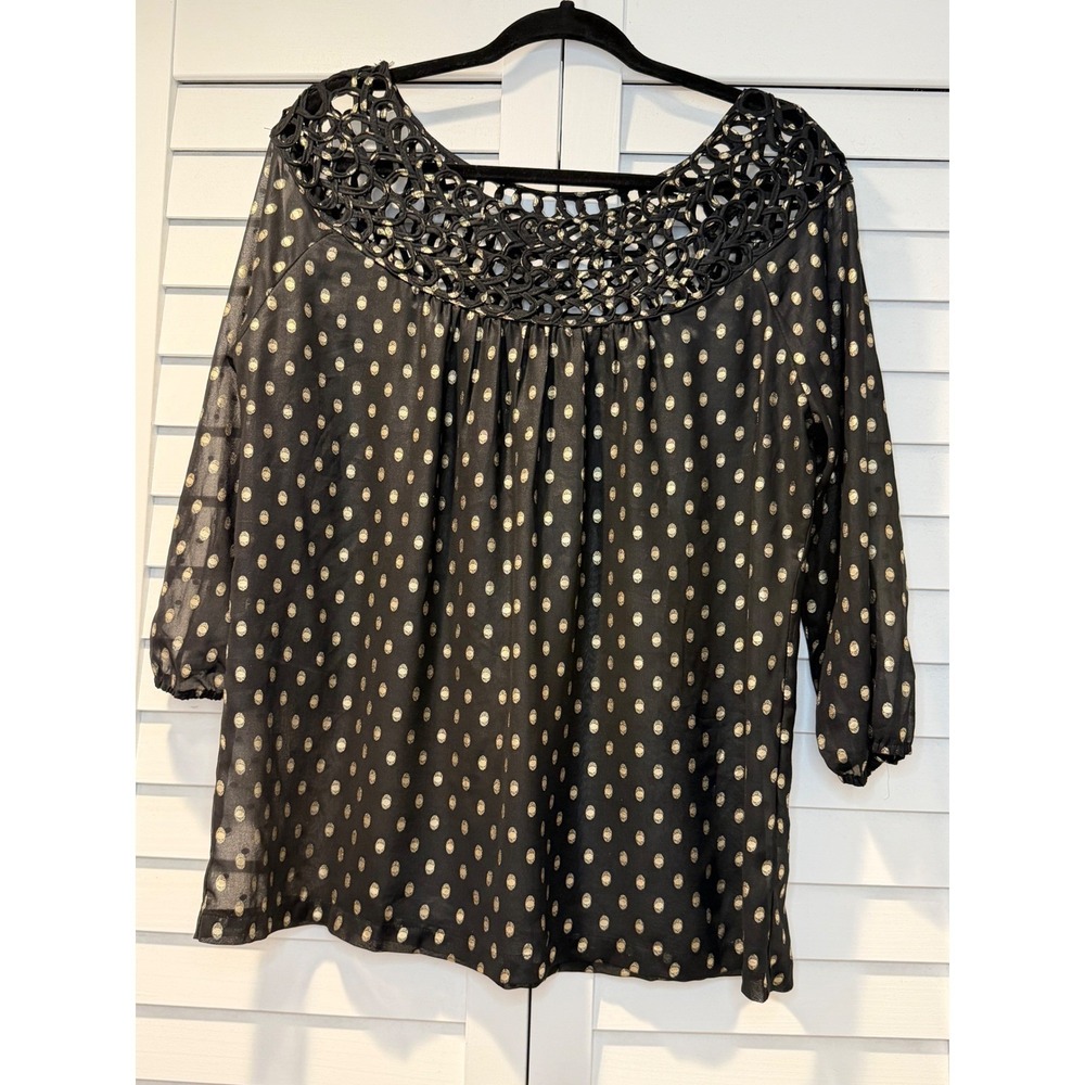 Umgee Boho Sheer USA Black Gold Metallic Polka Dot Crochet Neck Blouse Top L